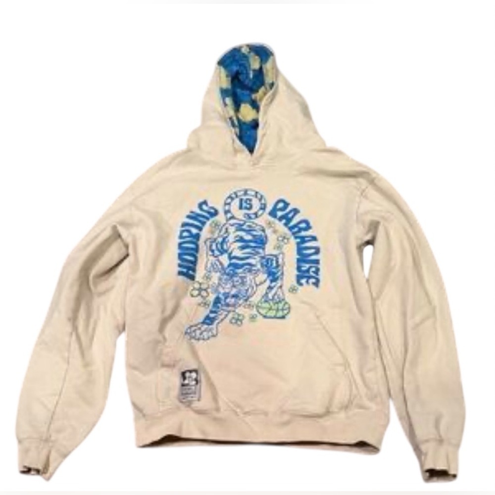 Overtime Hooping Is Paradise Kids Cream Hoodie With  Blue Graphic Pullover YXL
